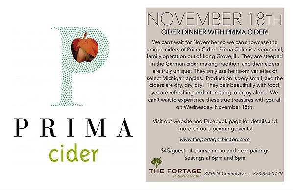 Nov. 18th Prima Cider Dinner at the Portage